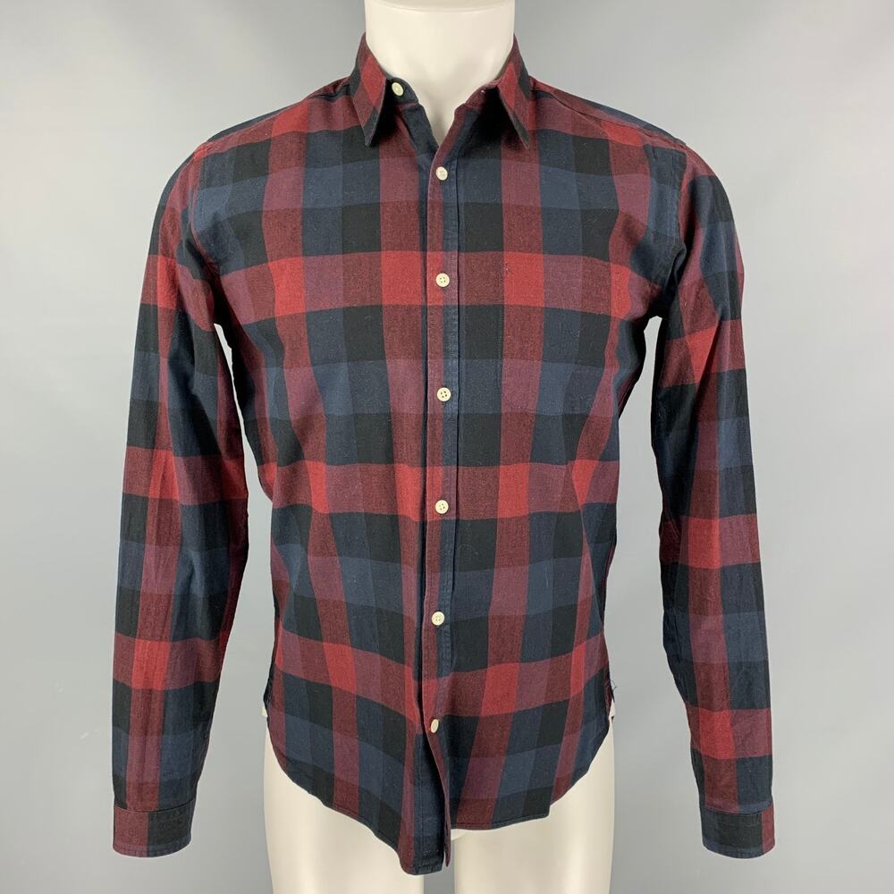 OLIVER SPENCER Size M Burgundy & Navy Checkered Cotton Long Sleeve Shirt